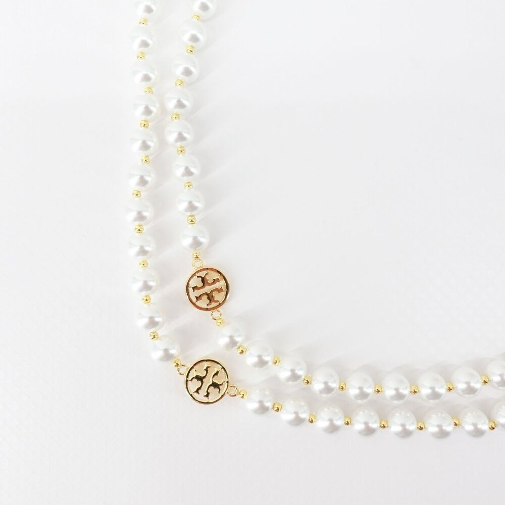 Tory Burch Gold Plated Beaded Long Pearl Station Chain Necklace Gold/ Ivory OS - Picture 4 of 12